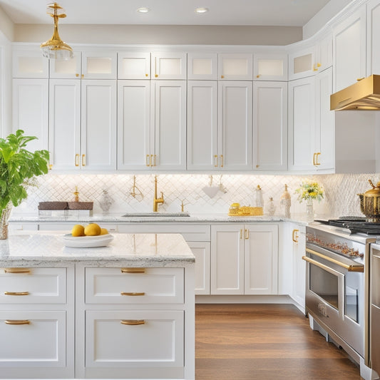 A bright, modern kitchen with sleek, white cabinets featuring ornate gold hardware, surrounded by gleaming quartz countertops, stainless steel appliances, and a stunning glass backsplash.