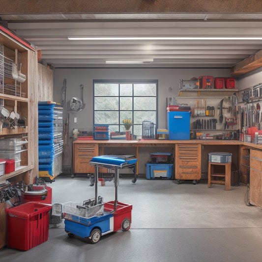 A clutter-free garage workspace with a lifted car on a hydraulic lift, surrounded by organized toolboxes, a socket set, and a calendar with marked maintenance schedules in the background.