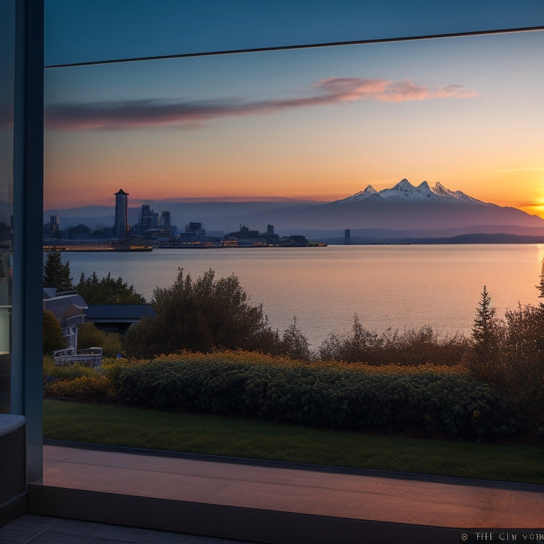 A serene Seattle waterfront scene at sunset with the Olympic Mountains in the background, a "Sold" sign in front of a modern home, and a subtle city skyline silhouette.