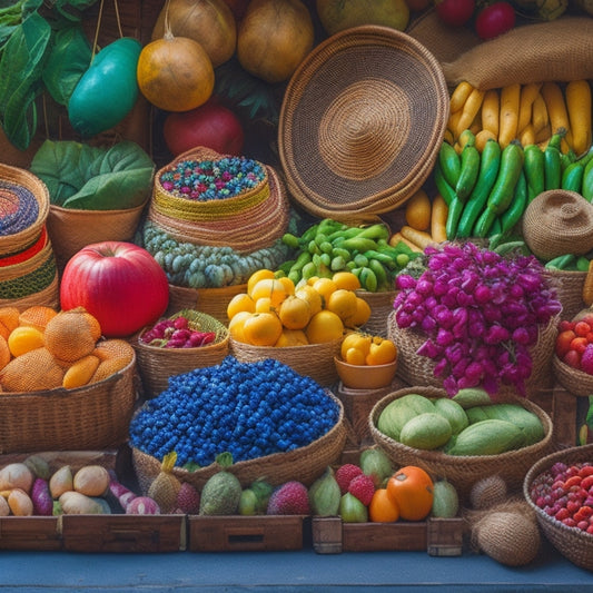 A vibrant, overflowing farmer's market stand with a diverse arrangement of fresh fruits and vegetables in different shapes, sizes, and colors, surrounded by woven baskets and natural textiles.