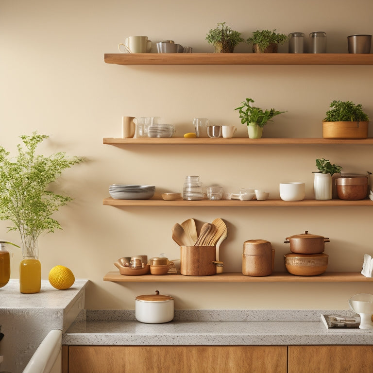 A serene, minimalist kitchen with sleek, wall-mounted shelves in a warm, honey-brown wood tone, holding a few, carefully curated cookbooks and a small, potted herb garden.