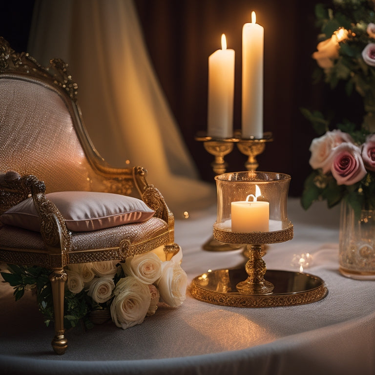 A serene, candle-lit wedding venue with a delicate lace veil draped over a ornate, golden chair, surrounded by scattered rose petals and a few, carefully placed, wedding favors.