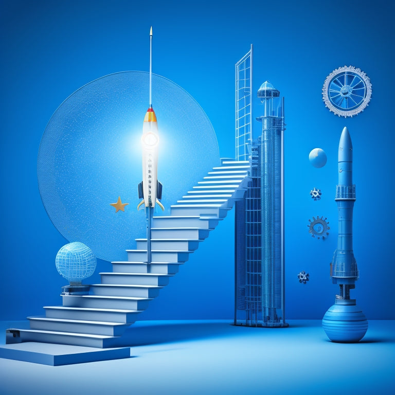 A stylized illustration of a business blueprint unfolding into a staircase, with each step featuring a cog, a gear, and a rocket ship, set against a bright blue background with subtle grid lines.