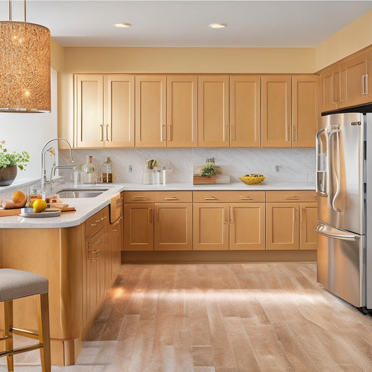 A bright, modern kitchen with sleek, refinished cabinets in a warm, honey-brown color, adorned with new, polished brass hardware, amidst a backdrop of white countertops and gleaming stainless steel appliances.