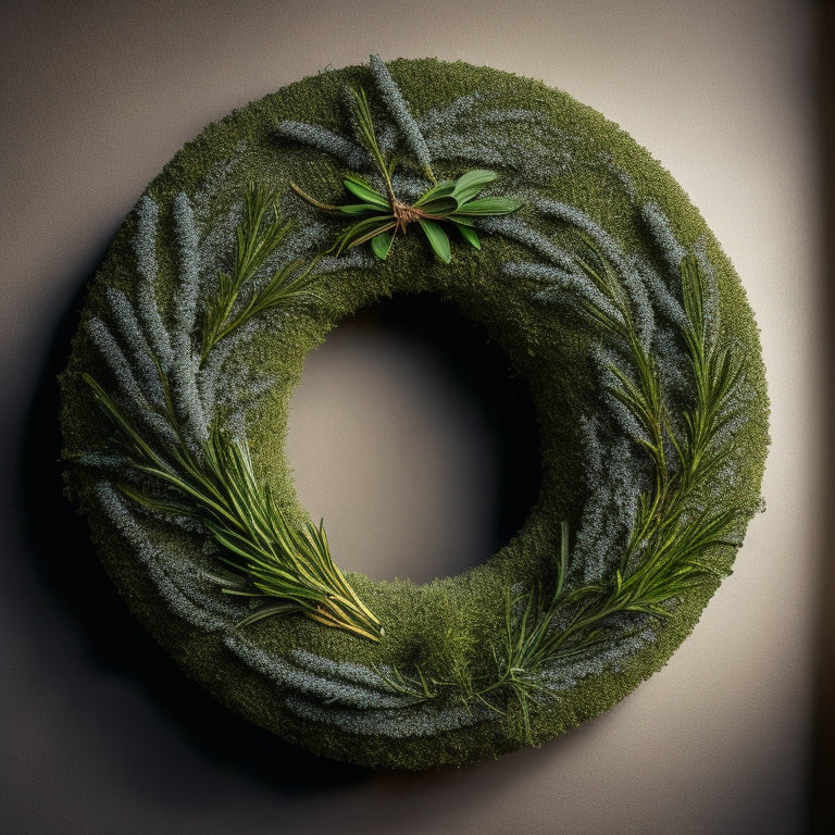 A circular wreath form overflowing with an assortment of fresh herbs, including rosemary, thyme, and parsley, tied together with rustic twine and adorned with tiny, shimmering decorations.