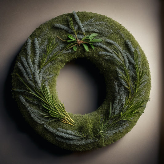 A circular wreath form overflowing with an assortment of fresh herbs, including rosemary, thyme, and parsley, tied together with rustic twine and adorned with tiny, shimmering decorations.