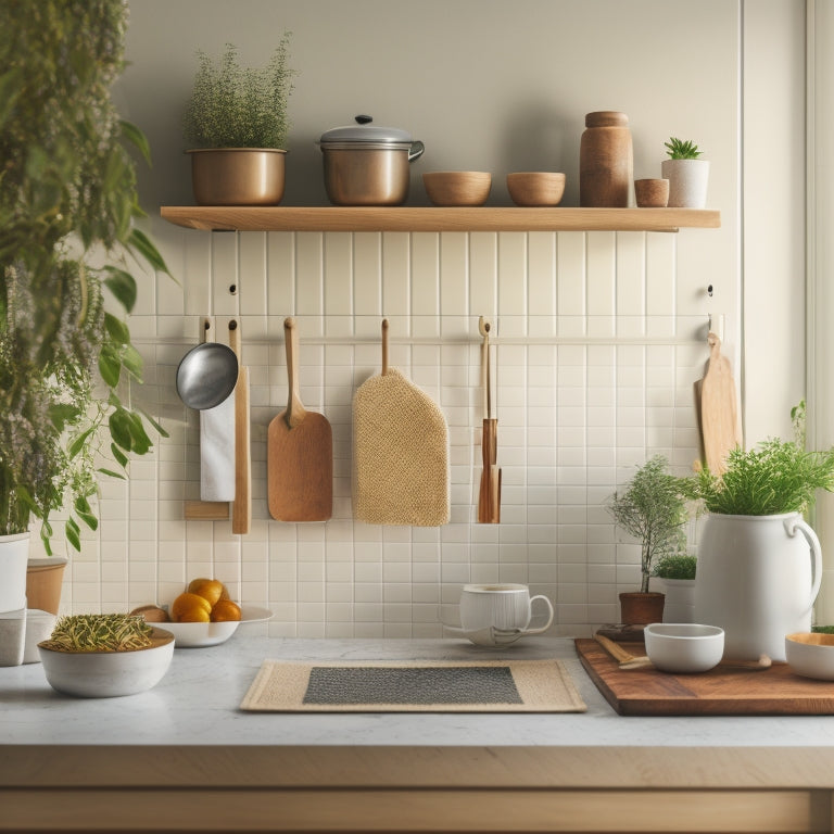 A serene kitchen scene: minimal utensils hung on a pegboard, a few cookbooks on a wooden shelf, a small potted plant on a clutter-free counter, and a single, steaming cup on a crisp white tablecloth.