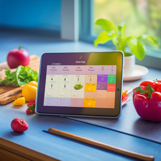 A tablet screen displaying a digital calendar with colorful recipe icons and meal planning notes, surrounded by kitchen utensils and a few fresh ingredients on a clean, minimalist countertop.