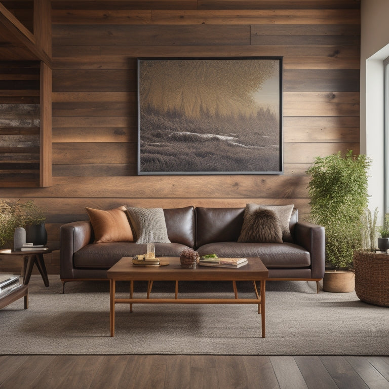 A rustic, modern living room with a large, rectangular faux wood wall panel installation above a sleek, low-profile sofa, surrounded by minimalist decorative accents.