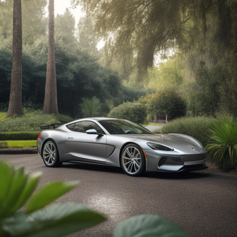 A sleek, silver sports car with a subtle sheen, parked on a paved driveway, surrounded by lush greenery, with a faint mist in the background, and a single, gleaming tire prominently displayed.