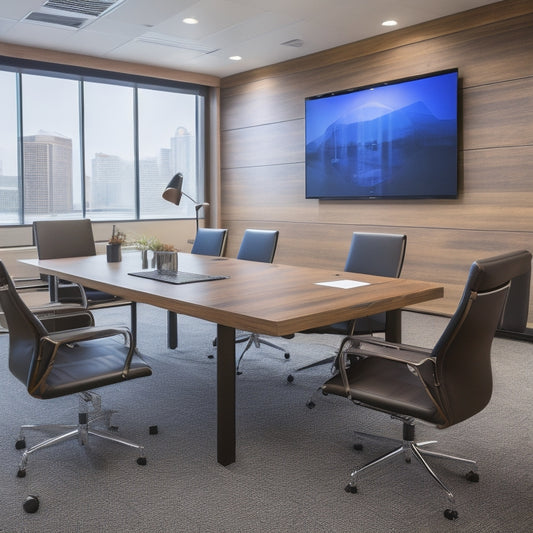 A professional-looking, modern conference room with a large wooden table, leather chairs, and a sleek laptop displaying a well-organized equipment proposal template on the screen.