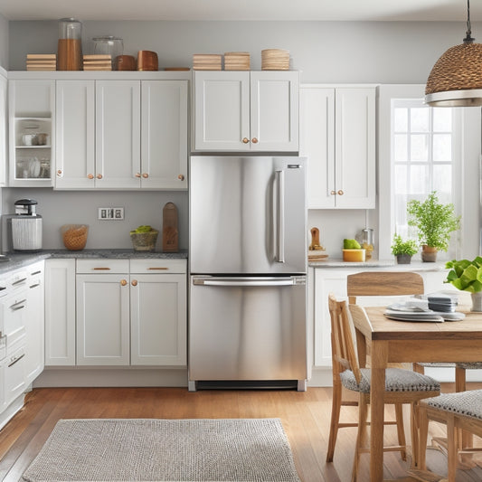 A tidy, L-shaped kitchen with stainless steel appliances, crisp white cabinets, and warm wooden countertops, featuring a utensil organizer on the wall and a compact trash can with a lid.