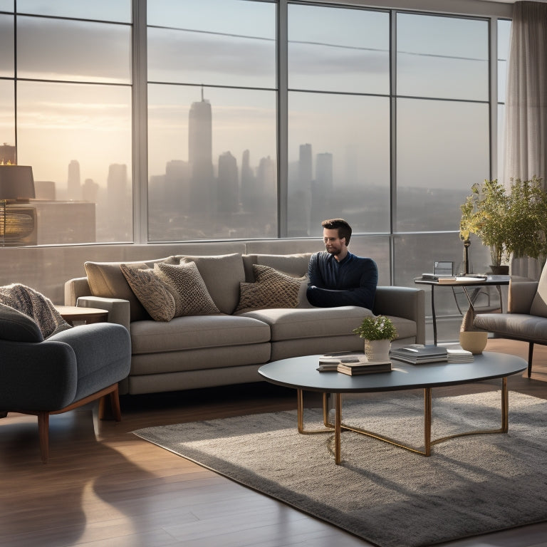 A serene, modern living room with a large window, natural light pouring in, and a subtle cityscape in the background, featuring a couple sitting on a couch, surrounded by open house listings and a laptop.