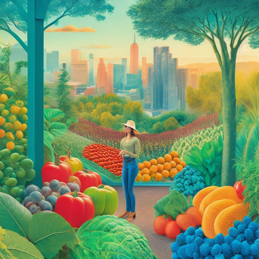 A vibrant, stylized illustration of a person standing in a lush green garden, surrounded by fresh fruits, vegetables, and whole grains, with a subtle cityscape in the background, symbolizing a balanced lifestyle.