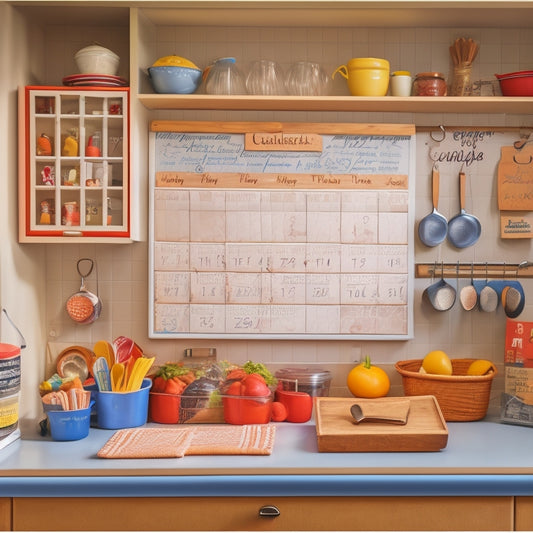 A tidy kitchen with a corkboard on the wall displaying a calendar, to-do lists, and family schedules, surrounded by hooks holding utensils, baskets, and a few colorful aprons.