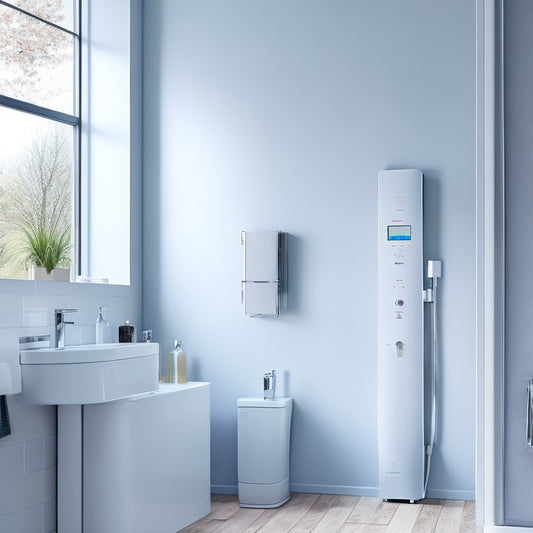 A modern, sleek bathroom with a Rinnai INFINITY A-Series tankless water heater mounted on the wall, surrounded by gleaming chrome fixtures, and a showerhead pouring steaming hot water.