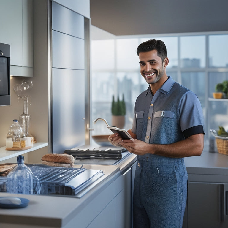 A smiling delivery person, dressed in a Miele uniform, standing in a modern kitchen, holding a tablet and gesturing to a row of sleek, installed appliances, with a cityscape visible through the window.