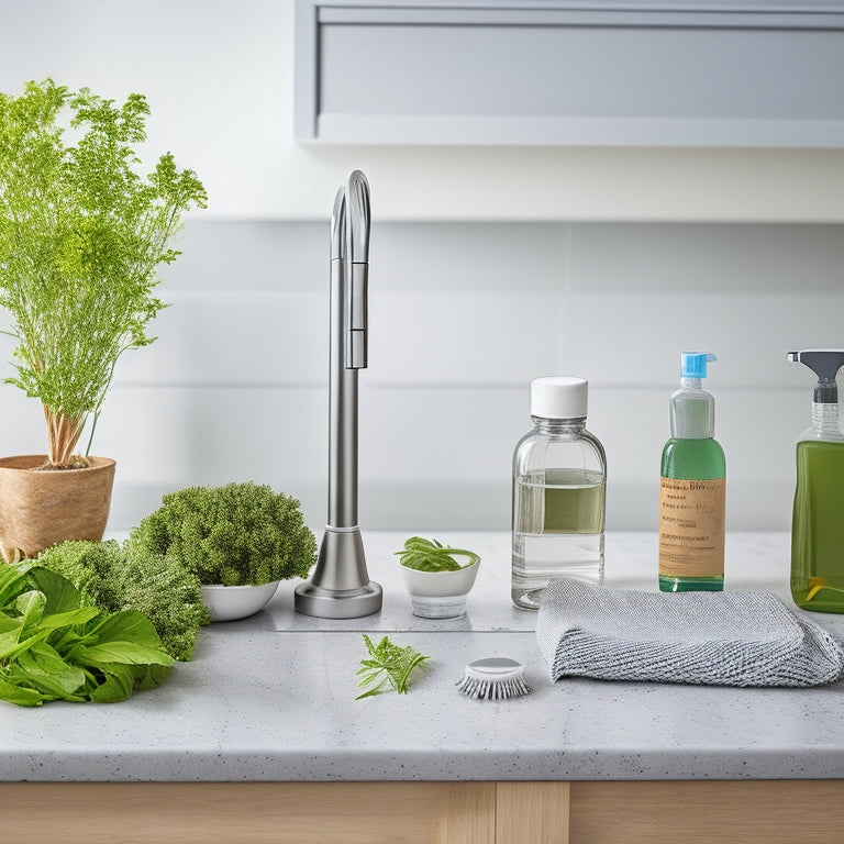 A tidy kitchen countertop with a sleek, stainless steel sink, a few fresh green herbs, and three essential cleaning tools: a silicone scrubber, a microfiber cloth, and a bottle of all-purpose cleaner.