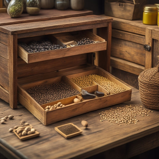 A tidy, well-lit seed storage area with labeled compartments, a wooden seed box with small drawers, and a few neatly arranged packets of various seed types on a rustic wooden table.