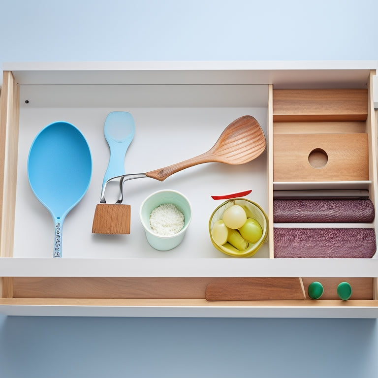 A tidy kitchen drawer with dividers, a utensil organizer, and a few neatly arranged kitchen tools, such as a silicone spatula and a wooden spoon, against a clean white background.