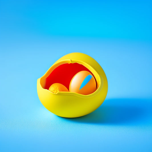 A bright yellow Kinder Egg with a partially opened shell, revealing a creamy milk chocolate interior and a colorful, unwrapped toy surprise, set against a soft, pastel blue background with subtle eggshell texture.