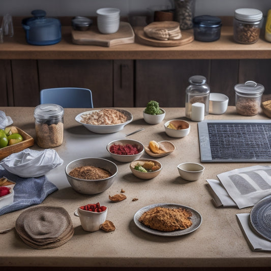 A messy kitchen counter with scattered cookbooks, crumpled papers, and a laptop open to a blank spreadsheet, surrounded by empty food containers and a few utensils, with a faint grid outline in the background.
