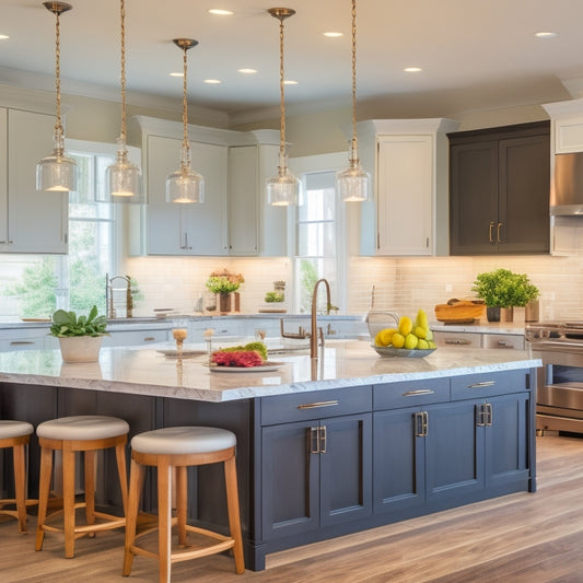 A bright, modern kitchen with sleek, white countertops, dark wood cabinets, and a large, center island with a built-in cooktop, surrounded by three stylish pendant lights.