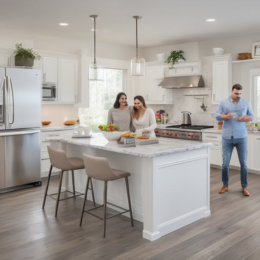 A modern kitchen with sleek, white cabinets, stainless steel appliances, and a large island in the center, surrounded by a happy couple using tablets and laptops to design and plan their dream space.