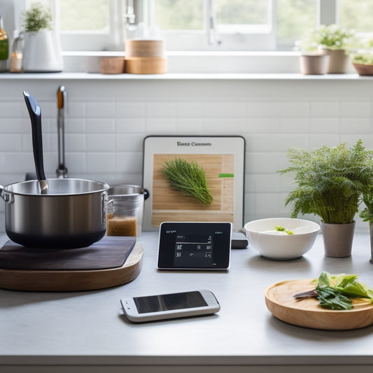 A tidy kitchen counter with a tablet displaying a digital kitchen organization app, surrounded by neatly arranged cooking utensils, a small potted herb, and a minimalist kitchen scale.