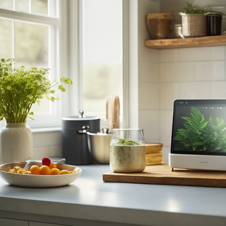 A minimalist kitchen counter with a tablet displaying a digital recipe, surrounded by a few cookbooks, a utensil holder, and a vase with fresh herbs, bathed in warm, natural light.