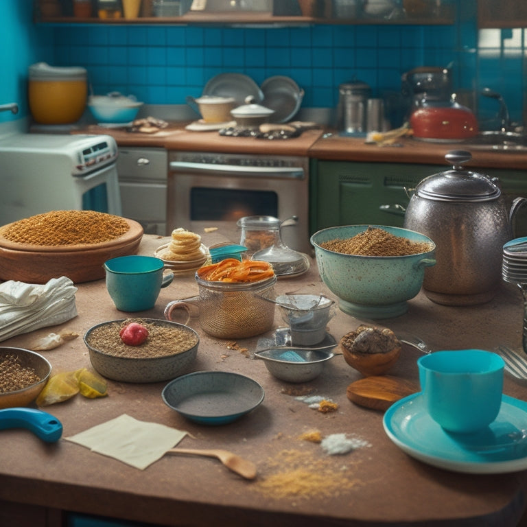 A cluttered kitchen countertop with stacks of dirty dishes, crumpled up recipe papers, and a toaster covered in crumbs, surrounded by a messy array of utensils and appliances.