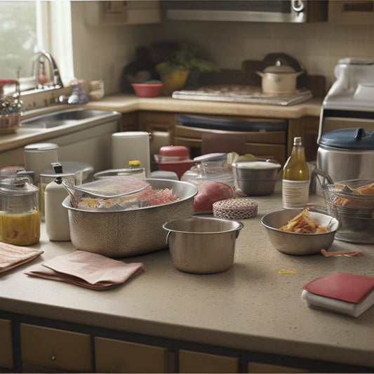 A messy kitchen counter with overflowing utensil holders, a cluttered sink, and a calendar covered in notes and reminders, surrounded by a few dirty dishes and a trash can overflowing with food wrappers.