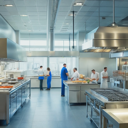 A bustling commercial kitchen with stainless steel countertops, rows of industrial stoves, and sleek refrigerators, illuminated by bright overhead lighting, with chefs in white aprons moving efficiently in the background.