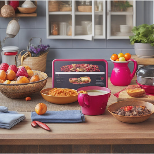 A warm and inviting kitchen scene with 10 tablets or e-readers displaying colorful cookbook covers, surrounded by utensils, ingredients, and a few mouth-watering dishes in the background.