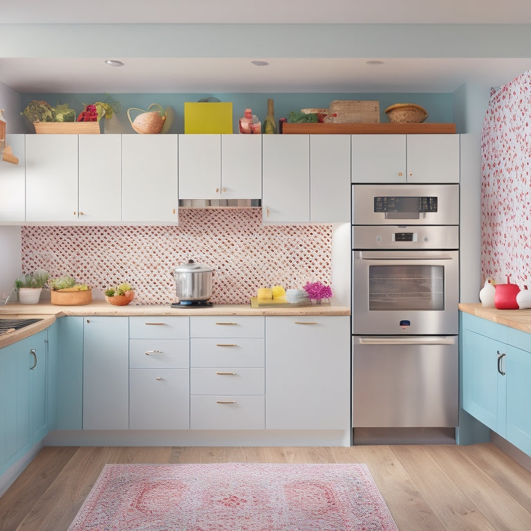 A bright, modern kitchen with a wooden island and white cabinets, featuring a variety of colorful shape templates (hearts, stars, circles) on walls, cabinets, and appliances.