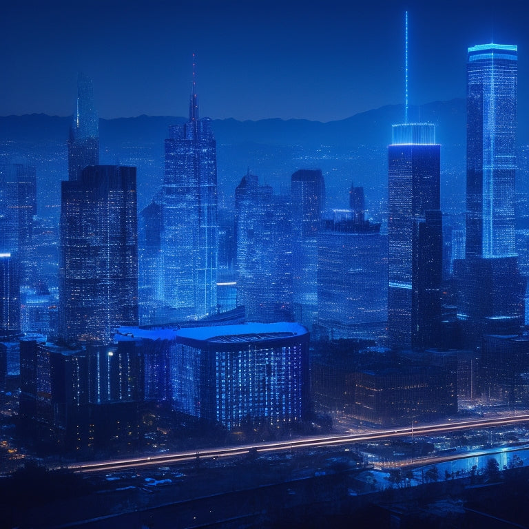 A futuristic, dark blue-toned cityscape at dusk with sleek skyscrapers, illuminated by neon lights, in the foreground, a large, transparent Windows 11 logo with glowing blue circuits and wires.