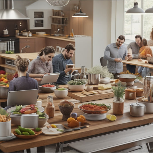 A bustling modern kitchen with a large wooden table at its center, surrounded by laptops and tablets displaying cooking course screenshots, utensils, and a few partially prepared dishes.