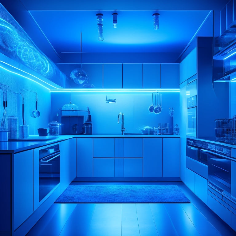 A futuristic kitchen with sleek appliances, glowing blue circuits and wires visible beneath their transparent surfaces, surrounded by swirling clouds of light and energy, conveying a sense of empowerment.