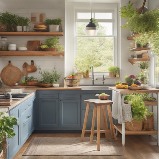 A bright, airy kitchen with a mix of modern and rustic elements: a small island with a wooden top, stainless steel appliances, and a few well-placed potted plants on open shelving.