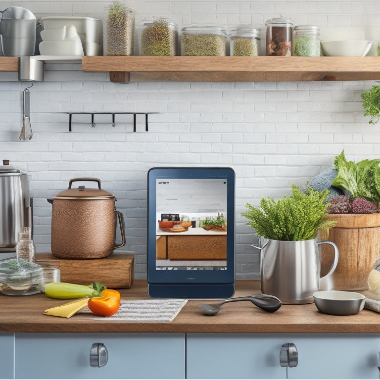 A clutter-free kitchen counter with a tablet displaying a kitchen tool organization app, surrounded by neatly arranged utensils, a utensil organizer, and a few recipe books in the background.