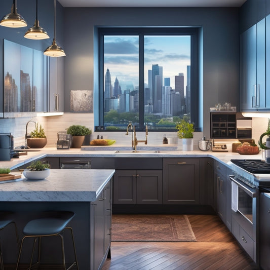 A modern kitchen with sleek cabinets, quartz countertops, and a large island, surrounded by a desktop computer and various design tools, with a cityscape visible through the window.