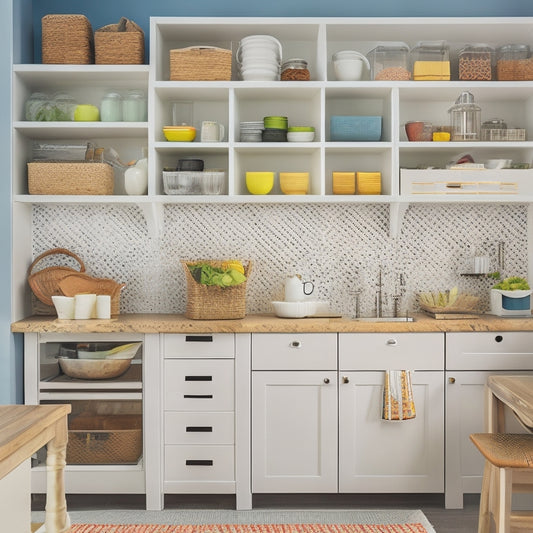 A tidy, compact kitchen with sleek white cabinets, a small island, and a pegboard displaying utensils, surrounded by colorful, labeled storage bins and baskets, with a few cookbooks stacked on a corner shelf.