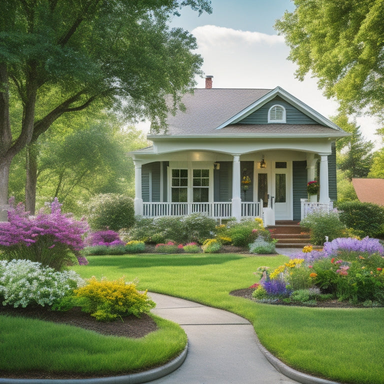 A serene suburban home with a lush green lawn, vibrant flowers, and a welcoming porch with a few potted plants, alongside a "before" version with overgrown bushes and a worn-out mailbox.