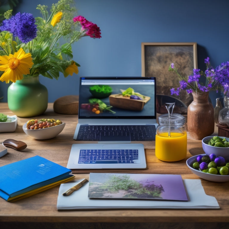 A colorful, clutter-free desk with a sleek laptop, a few cookbooks stacked beside a vase with fresh herbs, surrounded by scattered recipe cards, a camera, and a few utensils, bathed in soft, warm light.