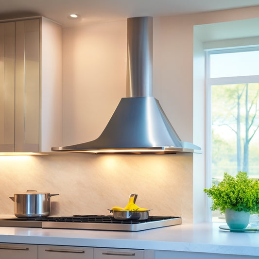 A modern, sleek kitchen with a stainless steel range hood featuring a curved glass canopy, softly glowing LED lights, and a subtle, quiet fan, set against a calming, creamy white background.