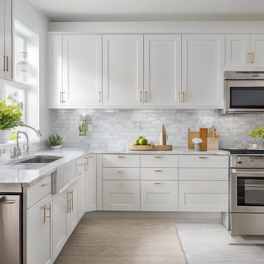 A bright, modern kitchen with sleek white cabinets, adorned with pull-out spice racks, soft-close drawers, and a built-in trash can, surrounded by gleaming stainless steel appliances and marble countertops.