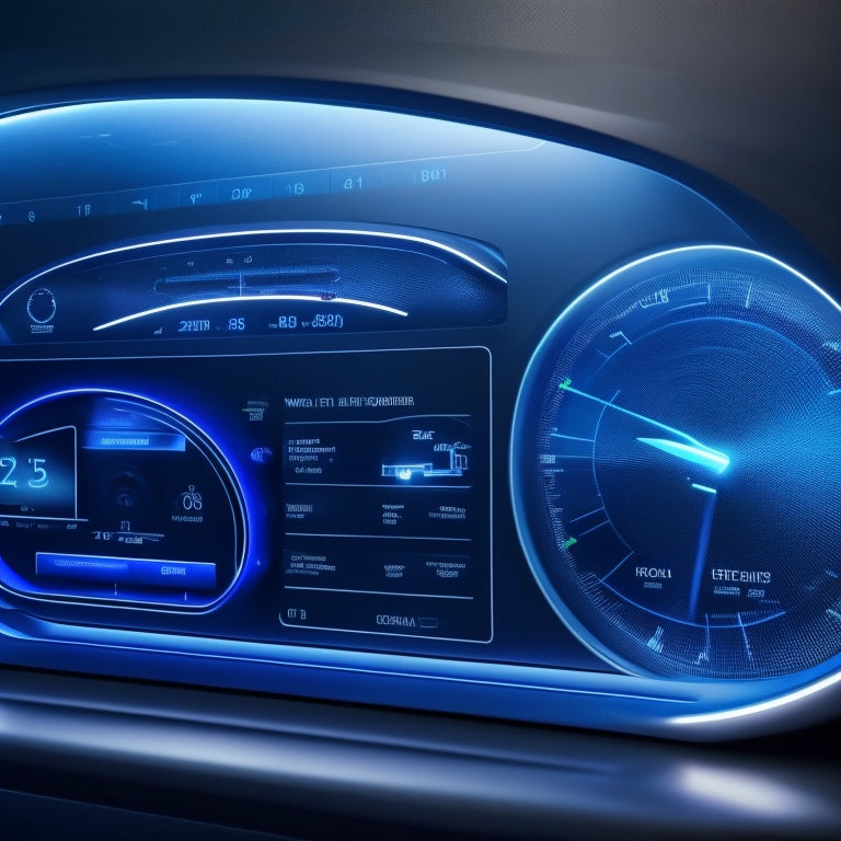 A futuristic dashboard with sleek, curved lines, displaying a map with glowing blue route lines, surrounded by minimalistic gauges and dials, set against a dark, gradient blue background.