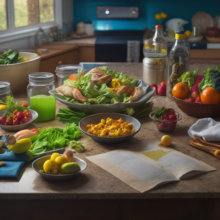 A cluttered kitchen counter with a half-opened cookbook, scattered recipe printouts, and a few sad, wilted vegetables, surrounded by empty takeout containers and crumpled up food wrappers.