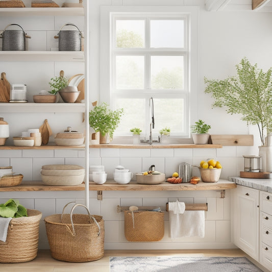 A bright and airy kitchen with a mix of modern and rustic elements, featuring five distinct corner shelves with varying storage solutions, including baskets, hooks, and decorative containers.