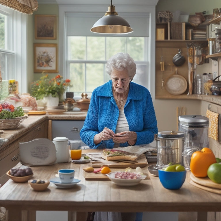 A tidy kitchen with a senior adult, 65+, sitting at a clutter-free island, surrounded by organized cookbooks and utensils, with a tablet or laptop open to a digital course in the foreground.